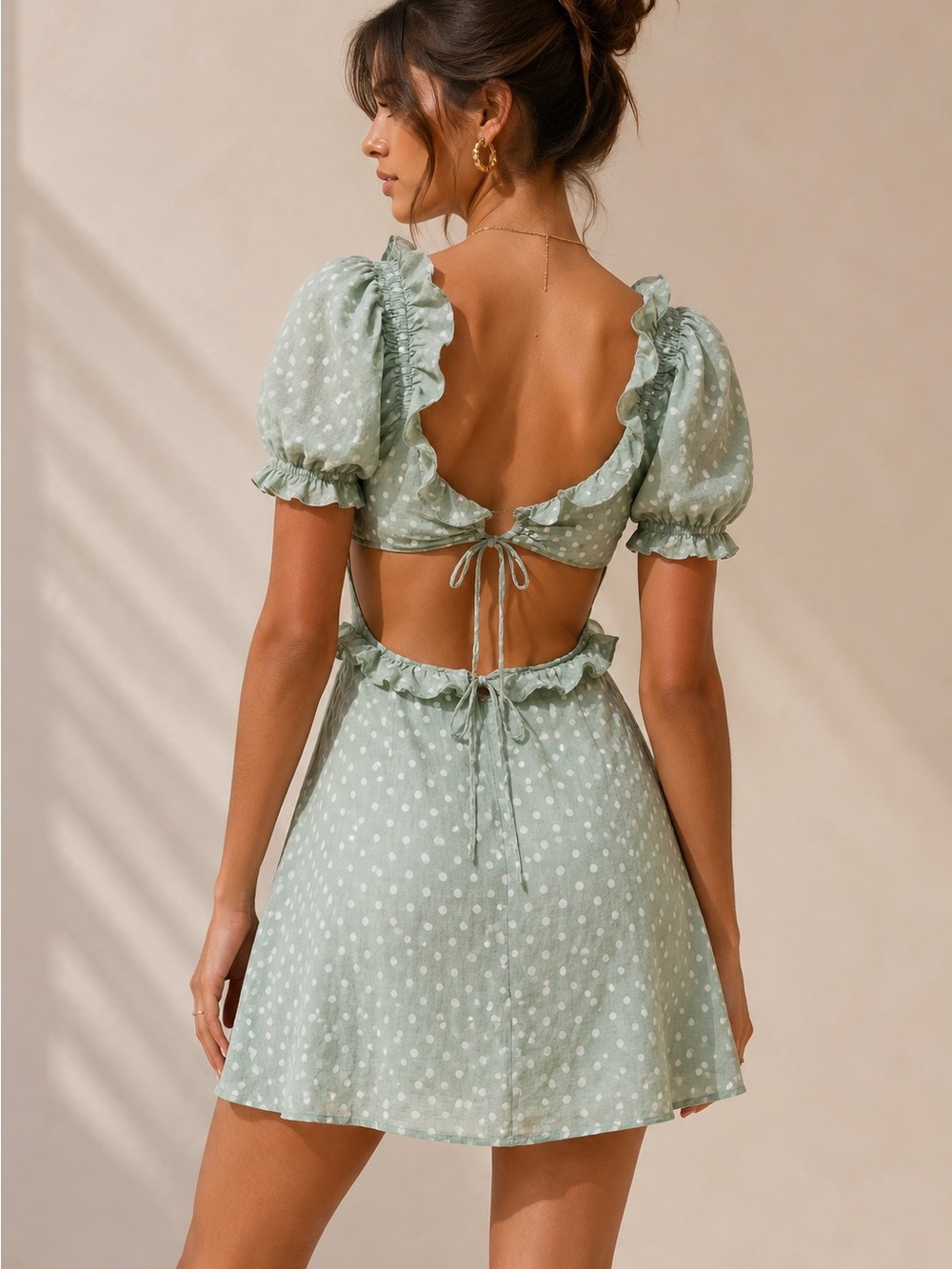 M.N.I Los Angeles Sage Green Polka Dot Linen Blend Mini Dress Puff Sleeve M